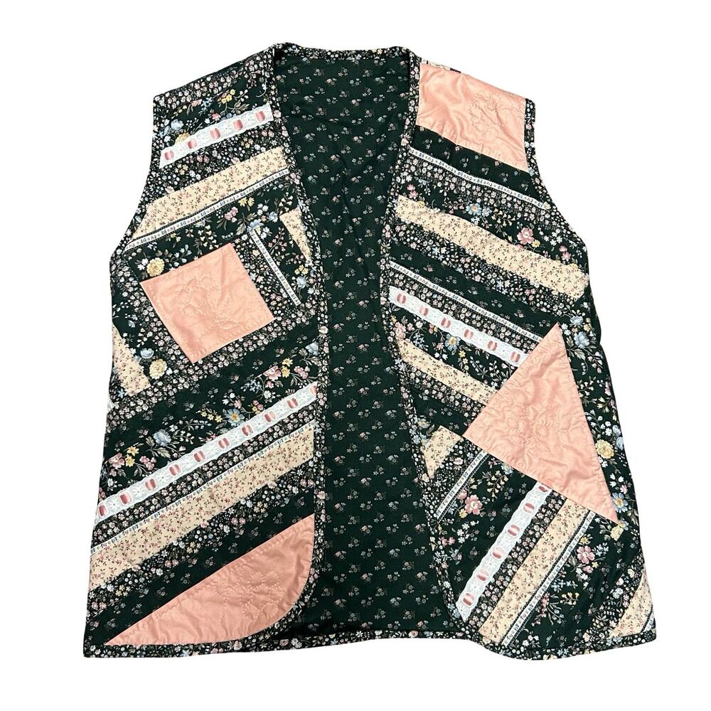 Handmade Quilted Patchwork Vest Womens Medium Pink Green Granny Boho Cottage